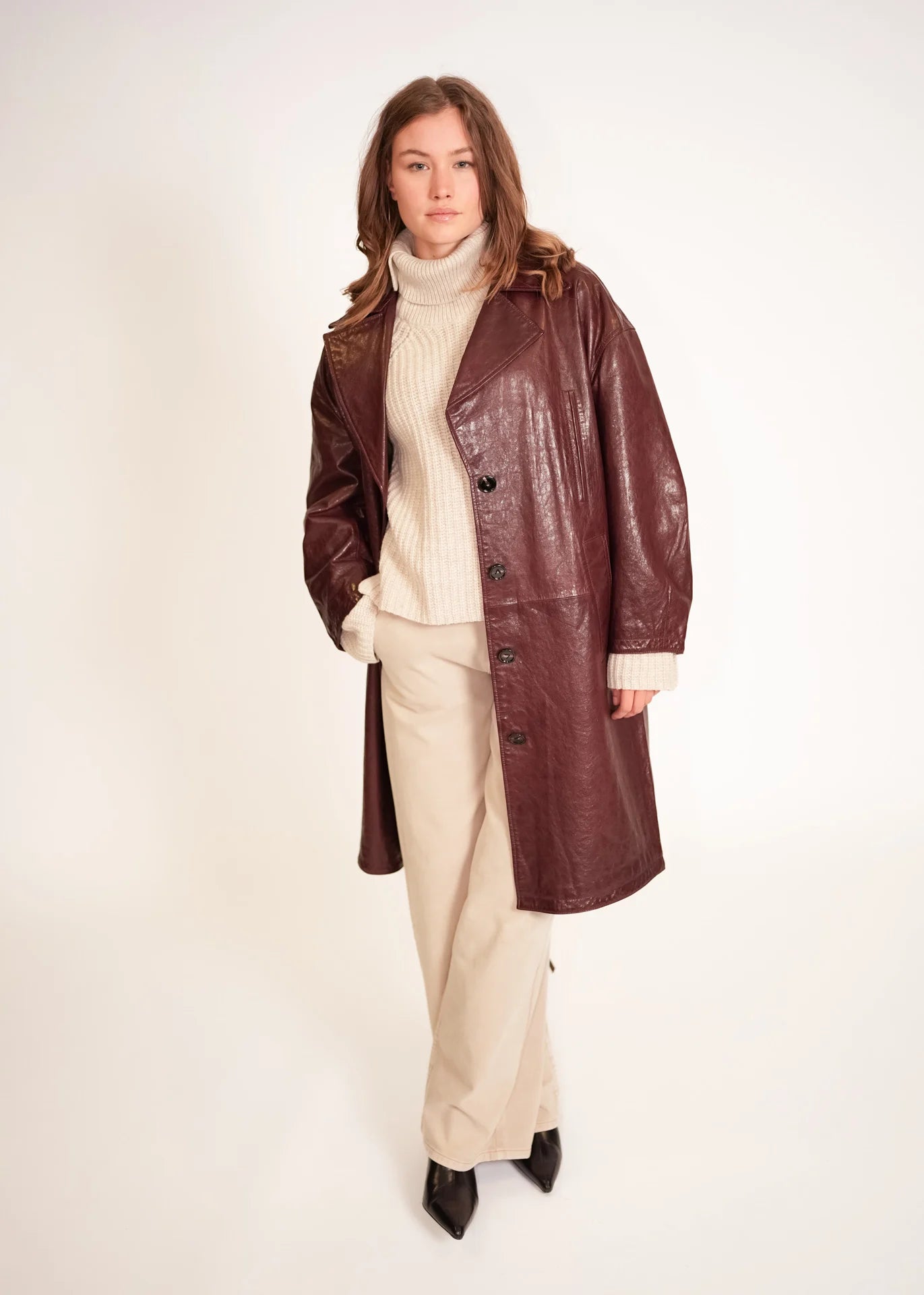 Leather Coat with Stand Collar
