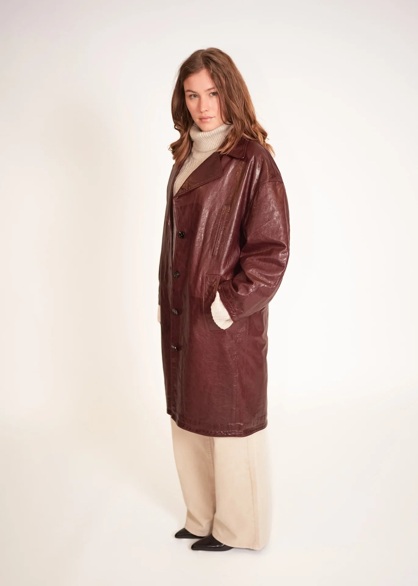 Leather Coat with Stand Collar