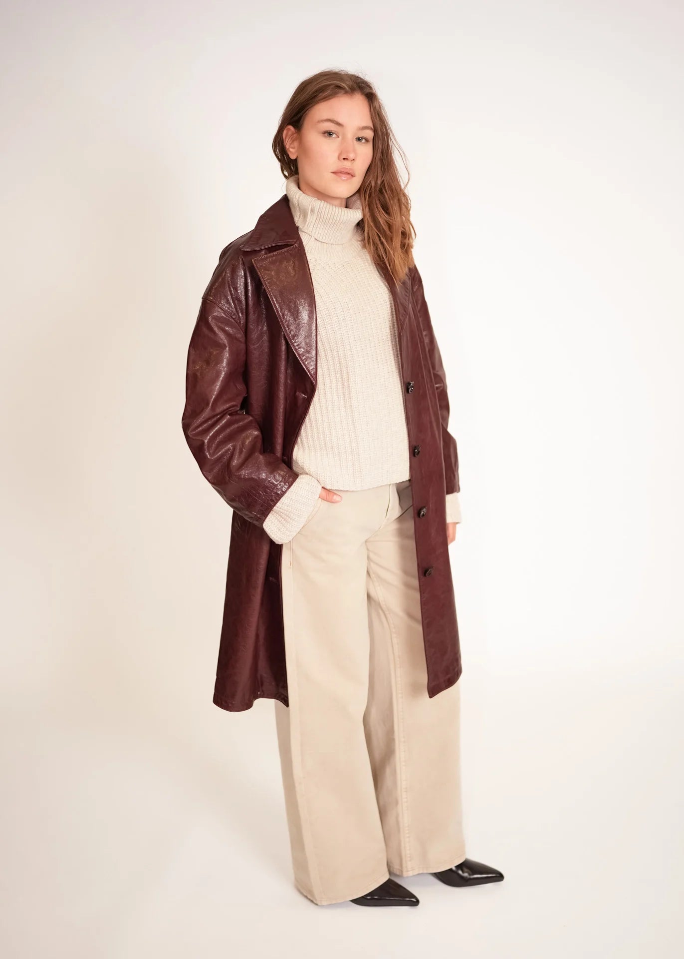 Leather Coat with Stand Collar