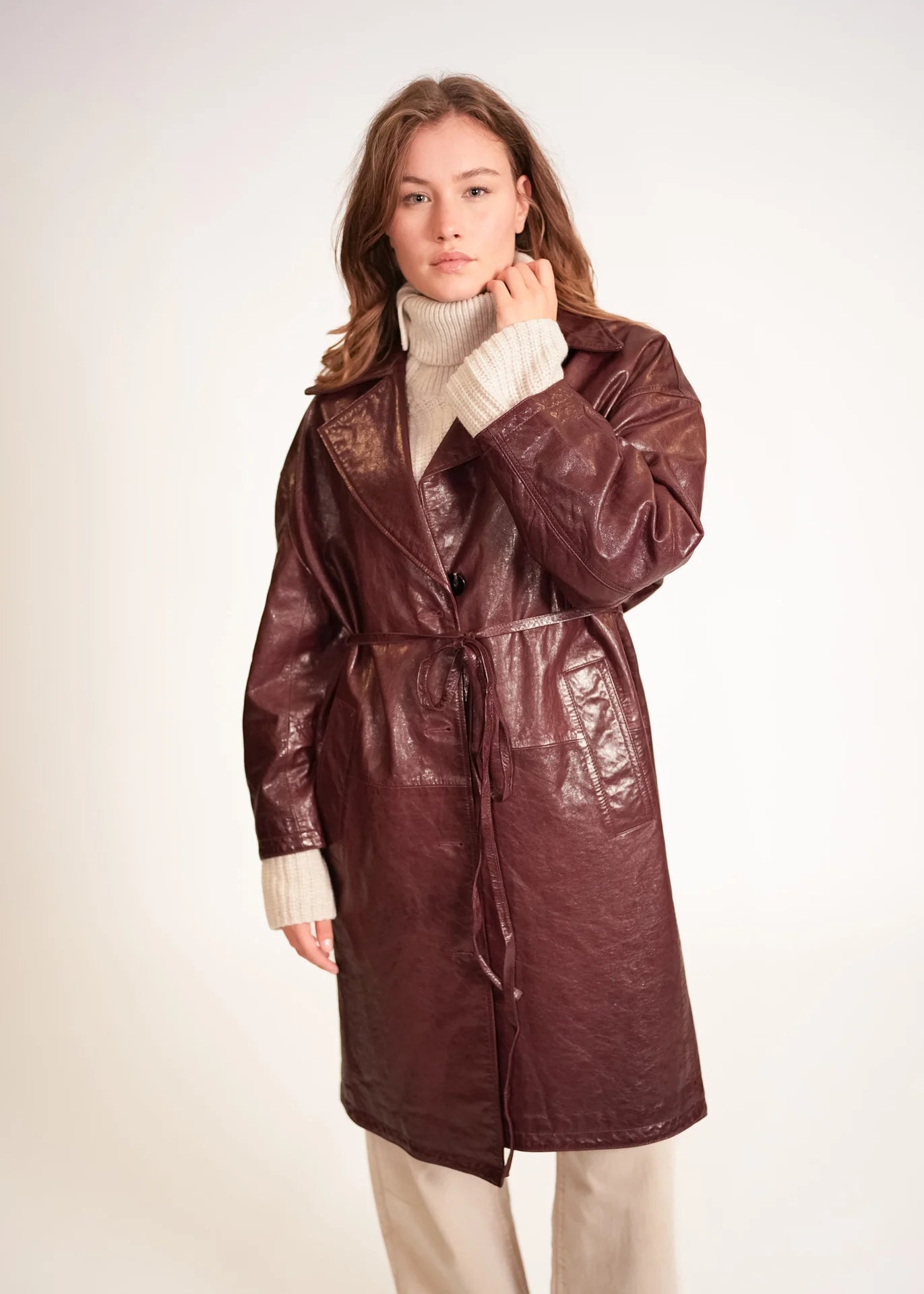 Leather Coat with Stand Collar