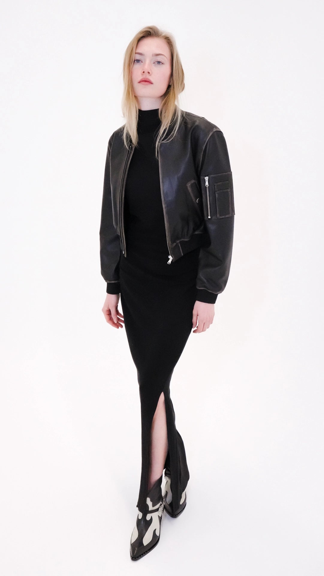 Leather bomber jacket with vintage finish