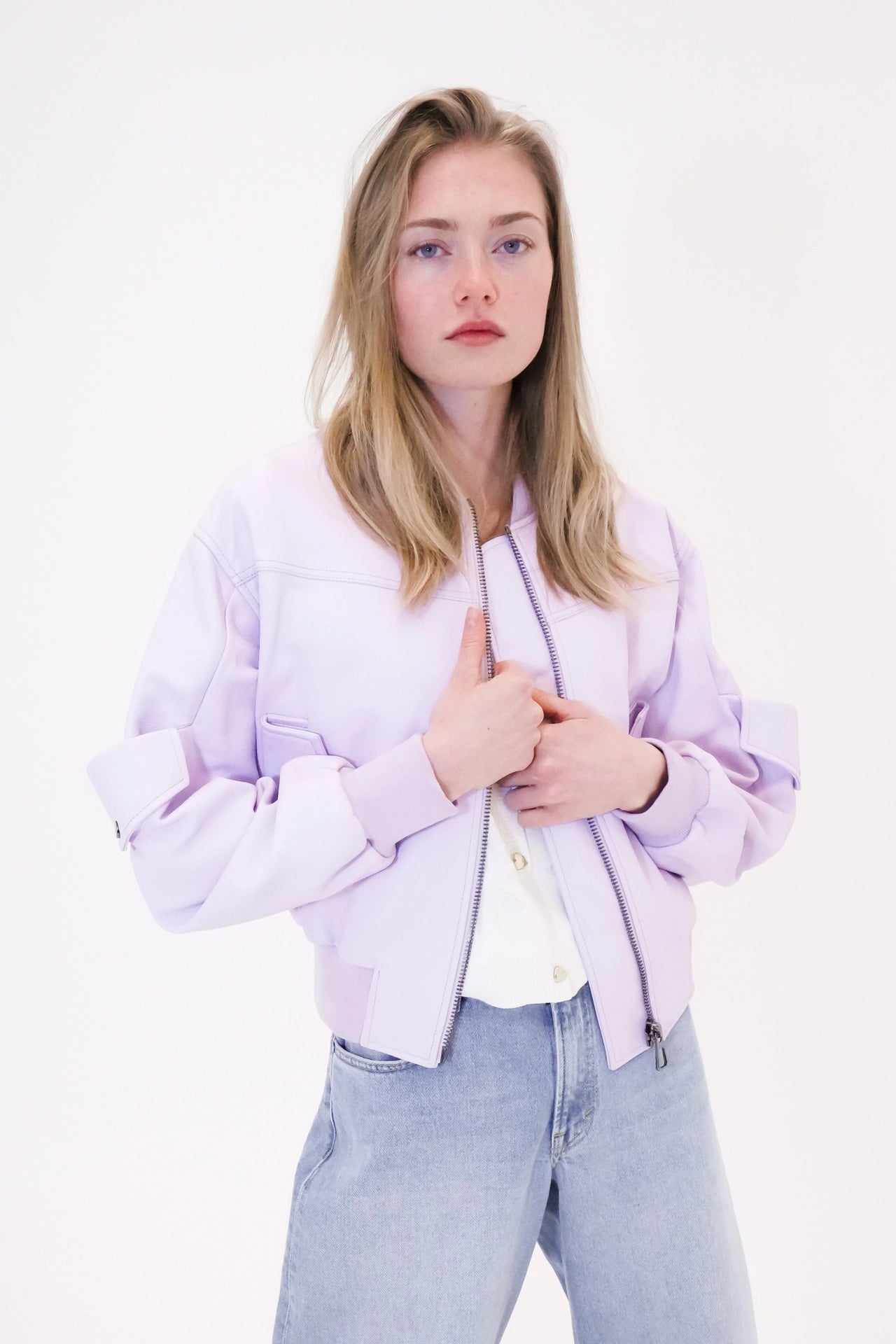 Leather utility bomber jacket