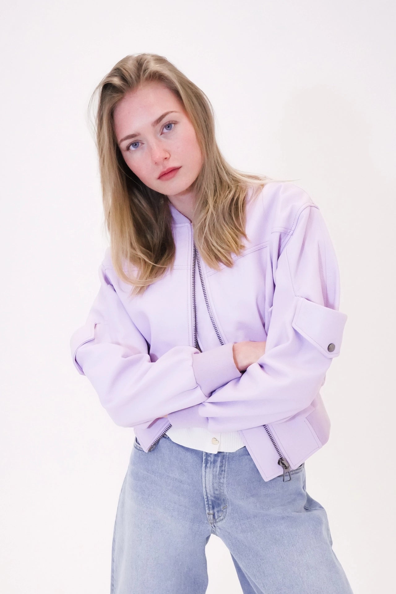 Leather utility bomber jacket