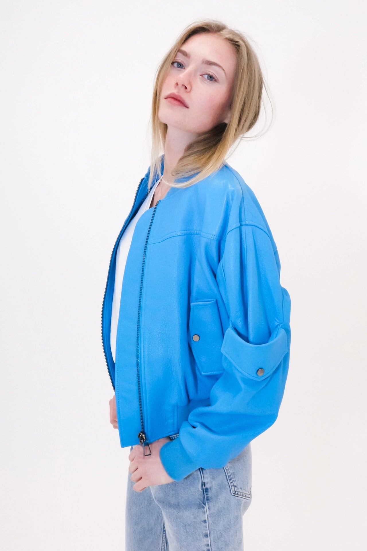 Leather utility bomber jacket