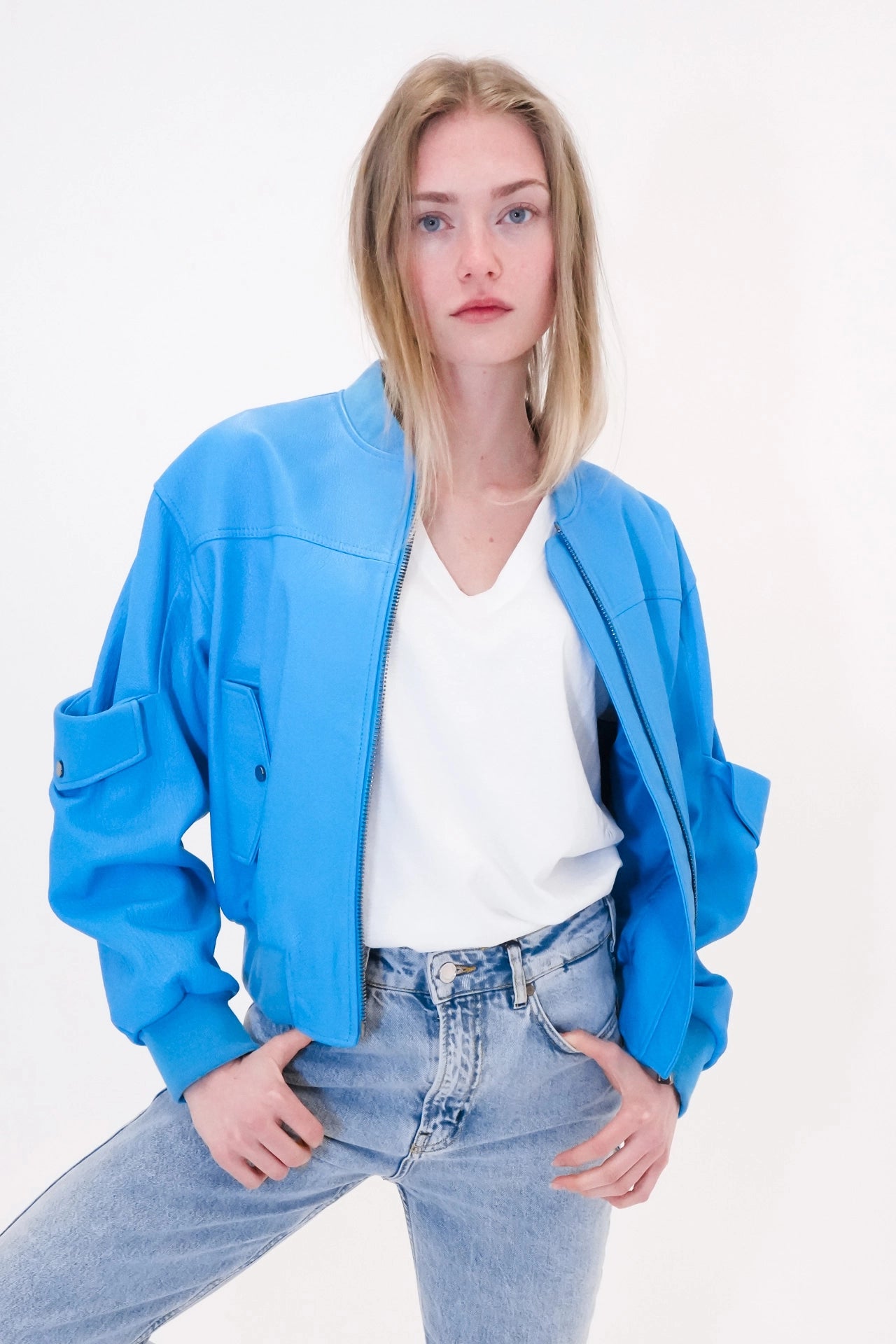 Leather utility bomber jacket