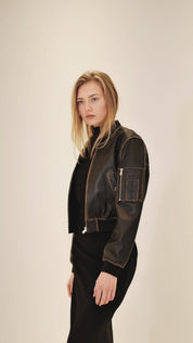 Leather bomber jacket with vintage finish