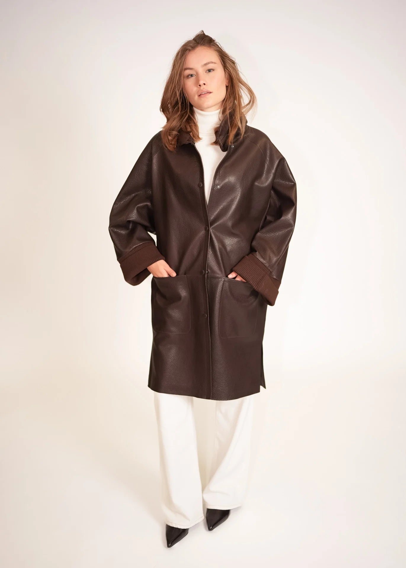 Leather Coat with Stand Collar