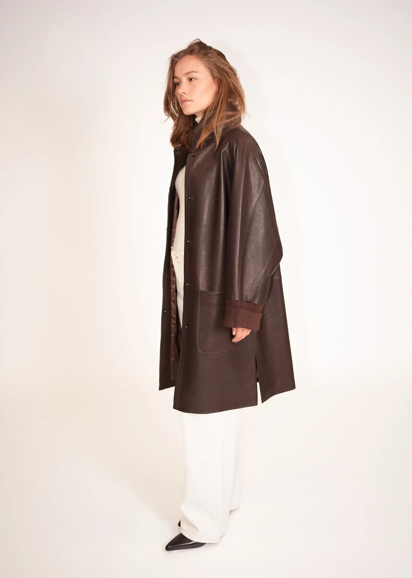 Leather Coat with Stand Collar