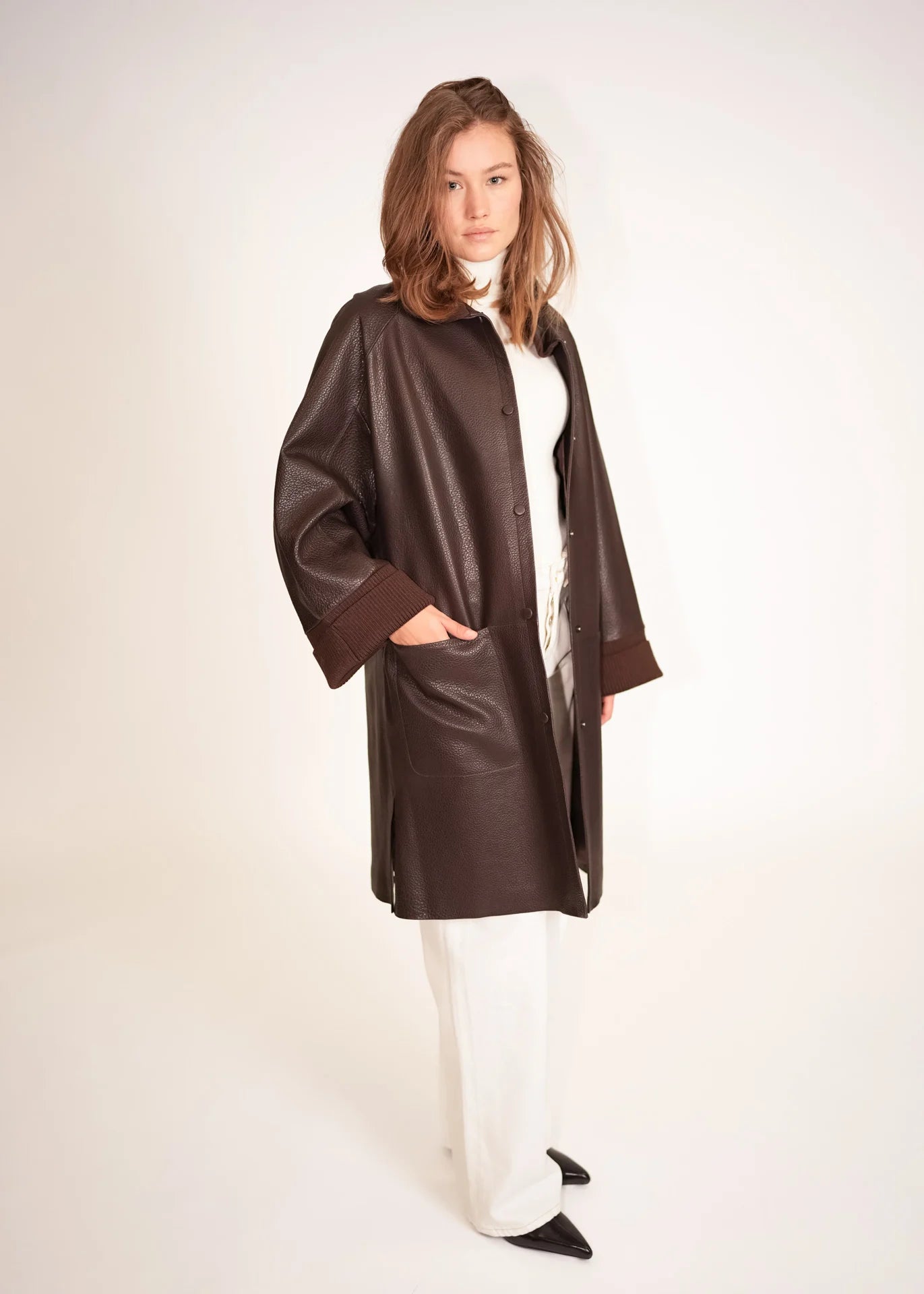 Leather Coat with Stand Collar